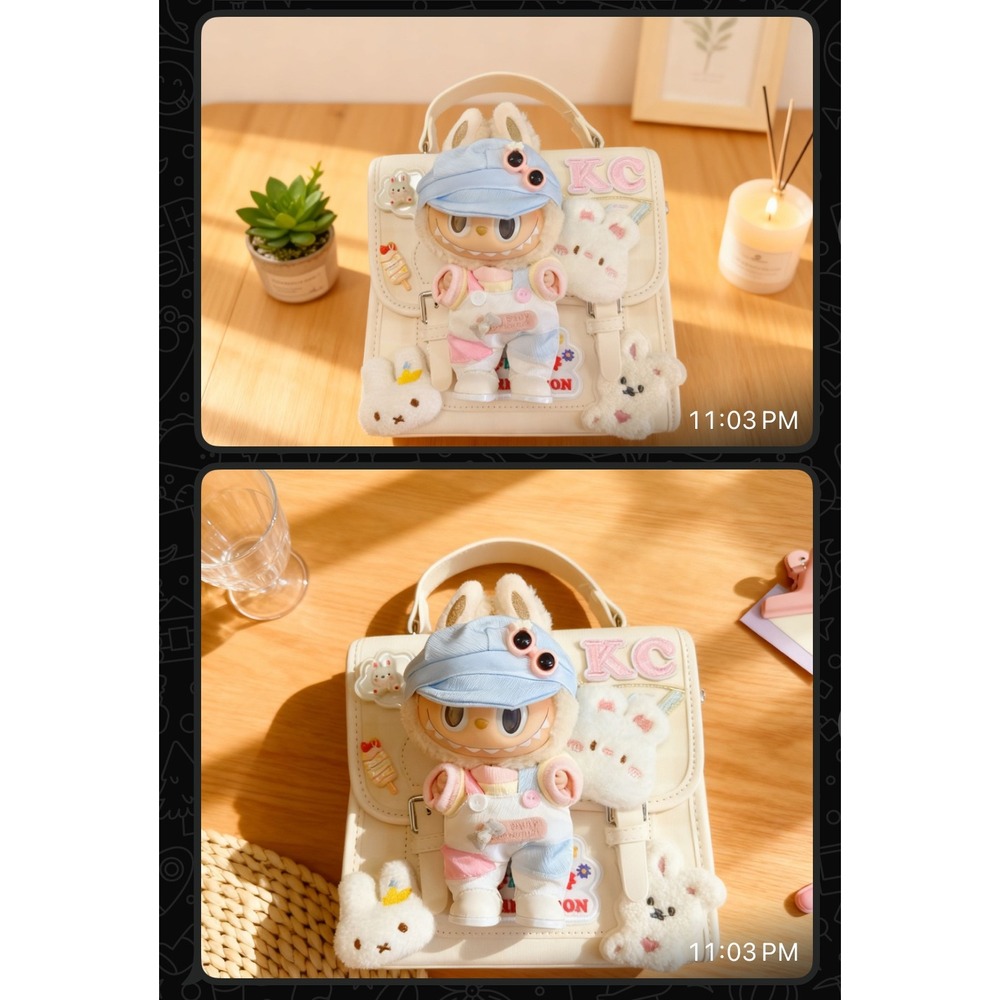 Hand Embellished Labubu Crossbody / Backpack Purse - Soy Milk Macaron - Unique‎